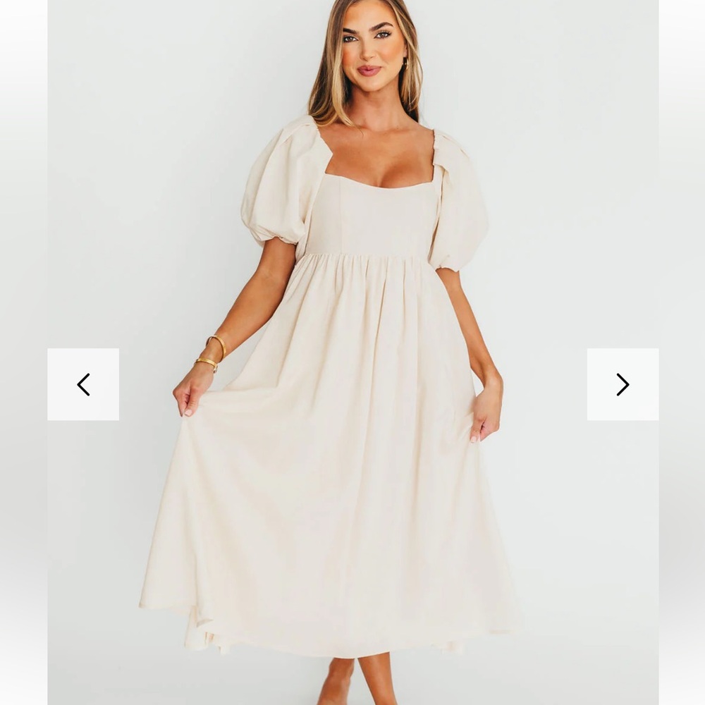 Puff-Sleeve Square Neck Midi Dress in Cream